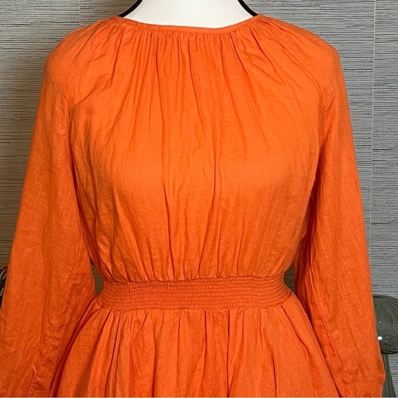 J Crew Palermo Smocked Waist Mini Dress 100% Linen 3/4 Sleeve Orange Size XS - Picture 2 of 6